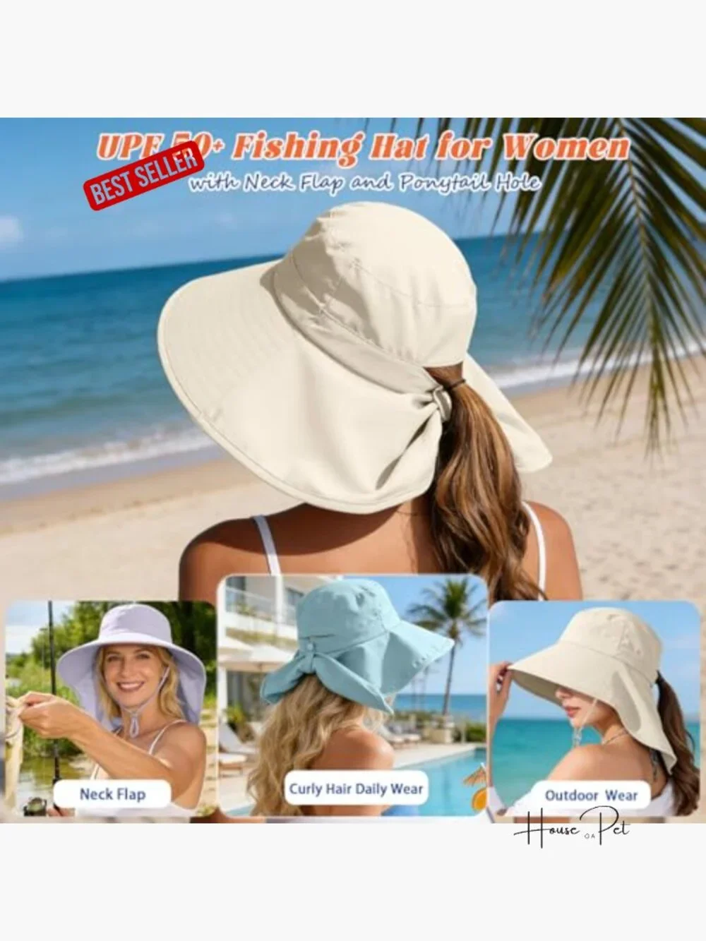 Women Sun Hat with Neck Flap Ponytail Hole UPF 50+ Wide Brim Rollable Hiking - Picture 2 of 7